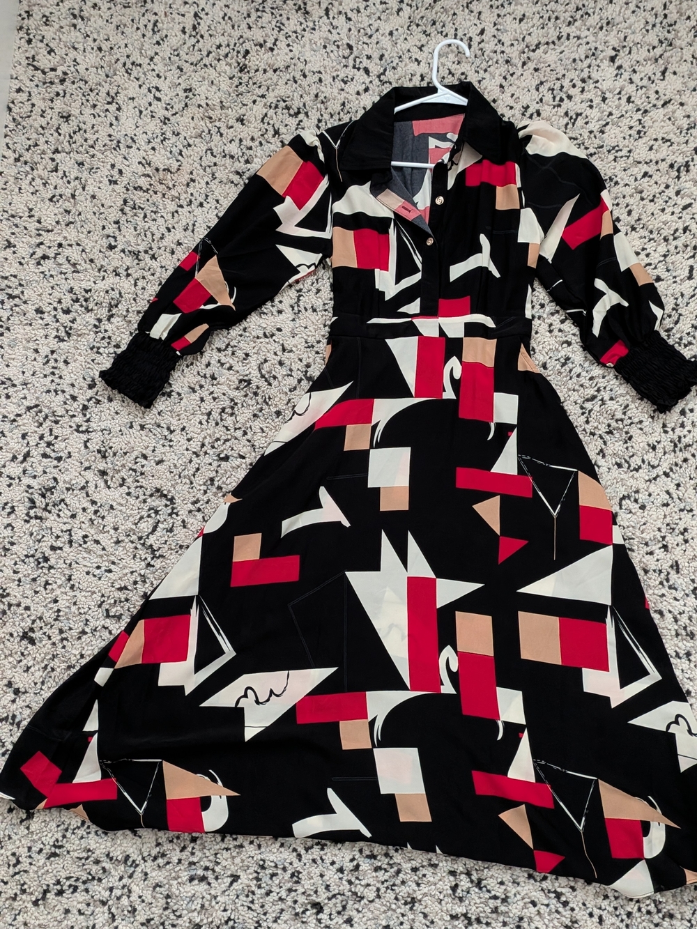 Geometric Abstract Print Long Sleeve Black Midi Dress with Red & Cream Accents